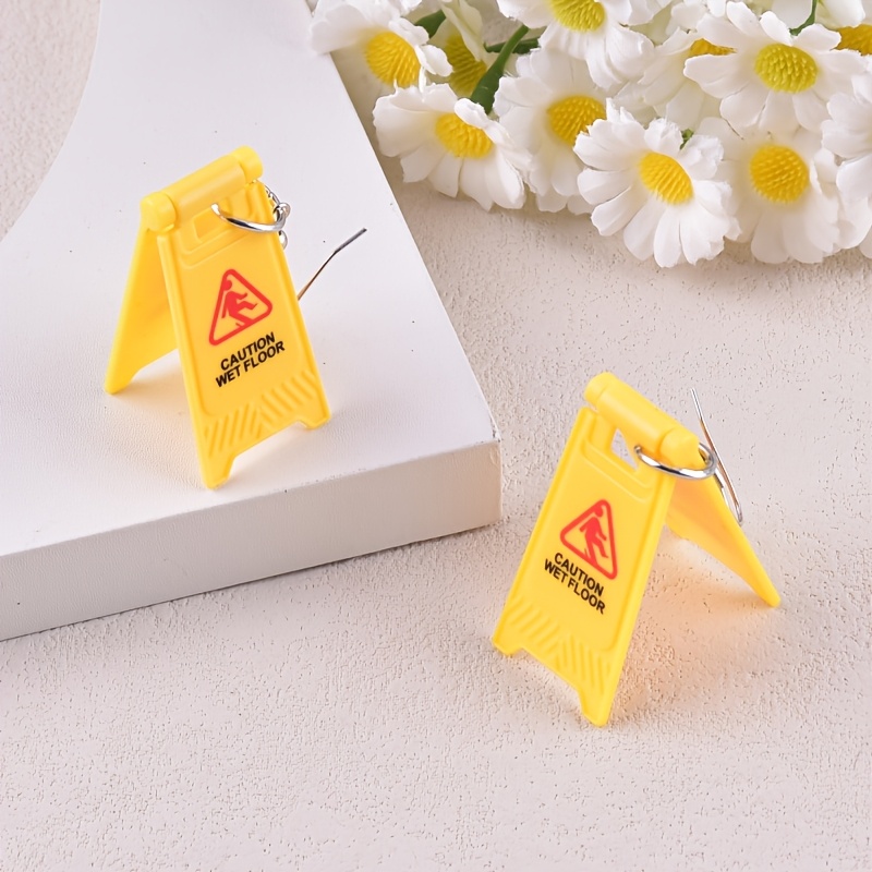 Caution Wet Floor Warning Sign Drop Earrings